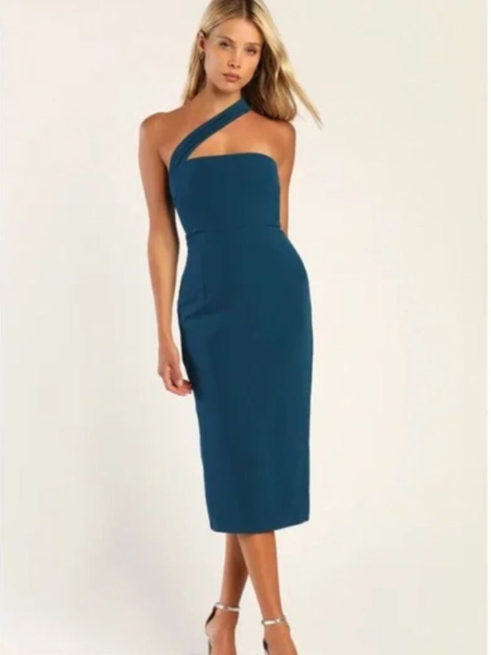 Lulus Strapless One Shoulder Midi Dress Teal - "Hold Your Attention"